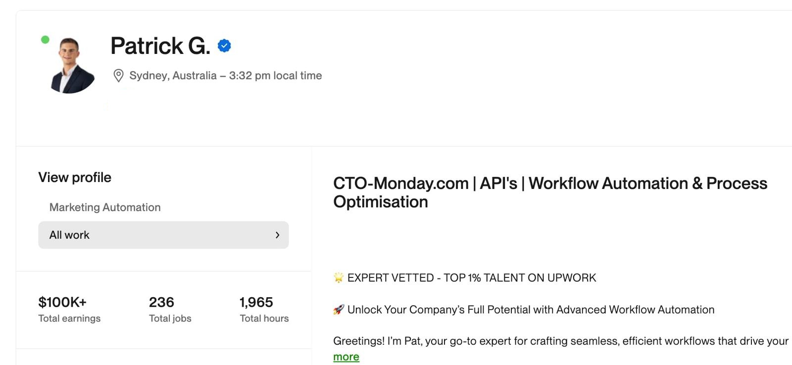 Patrick's Upwork profile — 200+ projects, top-rated freelancer